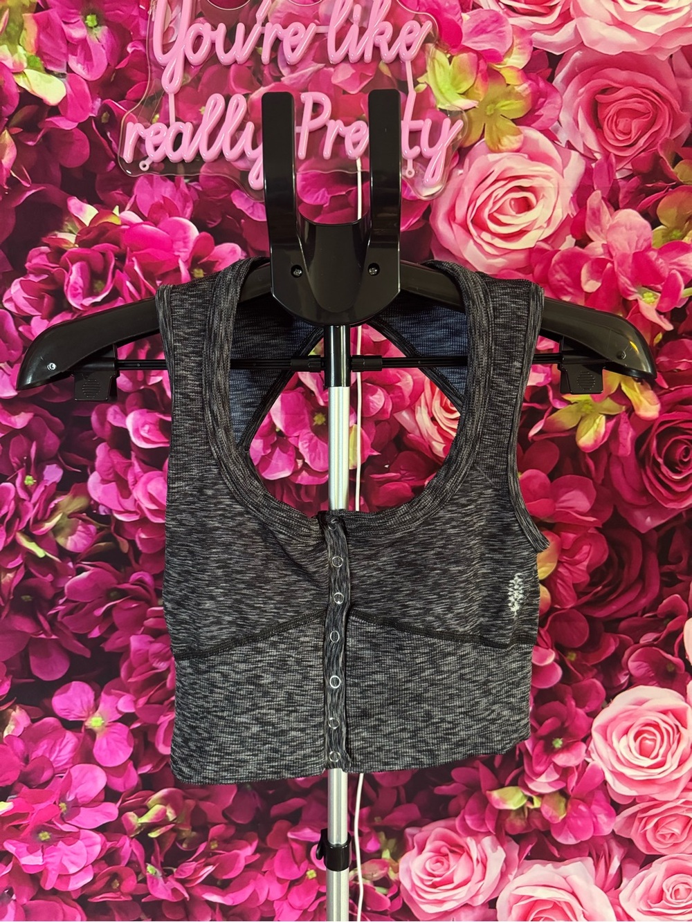 Free People Charcoal Gray Marled Snap-Front Crop Tank